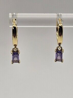 Gold Over Sterling Silver S925 Earrings Purple Gemstone Dangle Huggie